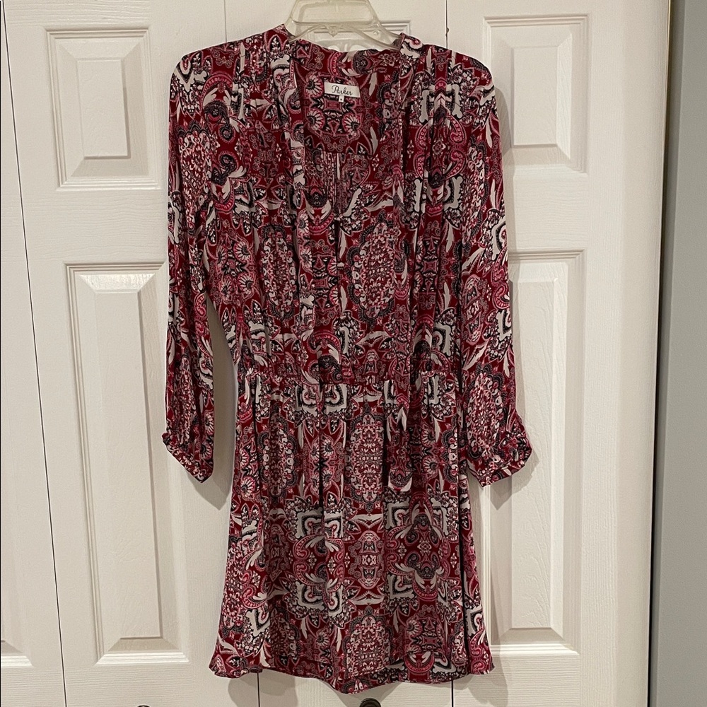 Parker Pink, Black and White Patterned Long Sleeve Dress